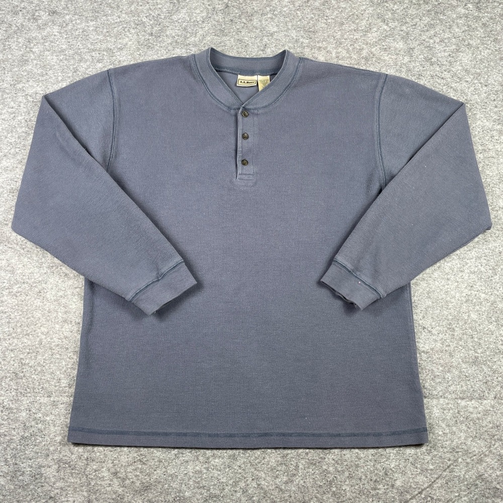 LL Bean Henley Shirt Mens L Blue Grey Long Sleeve Waffle Knit Cotton Canada Made